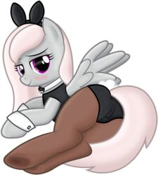 2014 absurdres ass blush bunnysuit clitoris equine female furry grey_fur highres mammal my_little_pony on_side original_character pantyhose pegasus playboy purple_eyes pussy smile solo stillfire vector white_hair wings