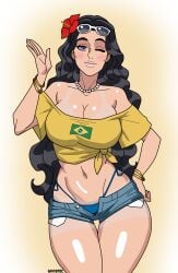 bare_shoulders black_hair blue_panties bracelets brazilian_miku brazilian_miku_(cosplay) breasts clothed collarbone cosplay diamond_is_unbreakable flower flower_in_hair ghostec hand_on_hip jojo's_bizarre_adventure lips lipstick long_hair one_eye_closed purple_eyes shorts signature simple_background solo standing sunglasses sunglasses_on_head tan_body tan_lines tan_skin tanline tanned tanned_female tanned_skin thick_thighs white_background wide_hips yamagishi_yukako yellow_background yellow_shirt yukako_yamagishi