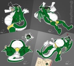 absurd_res anthro belly big_belly bloated bodily_fluids briefs bulge clothing cum cum_in_clothing cum_through_clothing disembodied_hand dragon duo eating ejaculation feeding food genital_fluids green_body hat headgear headwear hi_res male mythological_creature mythological_scalie mythology scalie stuffing underwear verzisphere wet wet_clothing white_body wings