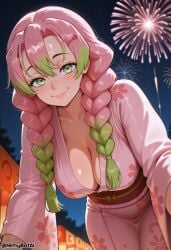 ai_generated bangs blush braid breasts cleavage closed_mouth collarbone demon_slayer female festival fireworks floral_print gradient_hair green_eyes green_hair hair_between_eyes hair_ornament hairclip high_resolution highres japanese_clothes kanroji_mitsuri kimetsu_no_yaiba kimono large_breasts leaning_forward lips long_hair long_sleeves looking_at_viewer mole mole_under_eye multicolored_hair night night_sky nimybotai obi outdoors pink_hair pink_kimono sash sky smile solo summer_festival twin_braids twitter_username