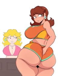 2girls ass ass_bigger_than_head ass_focus ass_jiggle backboob big_breasts big_lips bikini bikini_top bimbo bimbo_lips booty_shorts breasts brown_hair busty butt_digging cay_cant_draw child_bearing_hips cleavage clothed crown digging_up_in_they_ass dumptruck_ass earrings fat_ass female females_only freckles freckles_on_ass freckles_on_face gigantic_ass hand_on_ass hyper hyper_ass large_breasts lips looking_at_own_ass looking_back mario_(series) mario_kart mario_kart_world motion_lines nintendo one_eye_closed princess princess_daisy princess_daisy_(swimwear) princess_peach princess_peach_(swimwear) revealing_clothes shorts shoulder_length_hair sideass simple_background smacking_ass smacking_own_ass solo solo_female sports_uniform sportswear tan-skinned_female tan_skin teasing thick_thighs tight_clothing voluptuous wide_hips