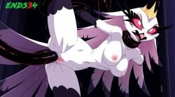 2025 ai_generated big_breasts bird completely_nude double_penetration ends34 female female_focus fit_female furry_female helluva_boss long_hair milf mother narrow_waist pink_eyes pussy pussy_juice queen rape stella_(helluva_boss) strangling tail tentacle tentacle_rape tentacle_sex white_body white_hair