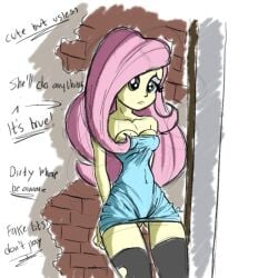 breasts cheeks dress equestria_girls female fluttershy_(mlp) my_little_pony pink_hair prostitute prostitution sad stammis thigh_clothes yellow_body