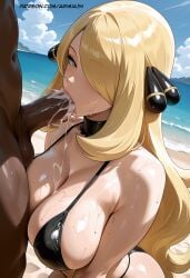 1boy 1boy1girl 1girls ai_generated arimia34 beach big_breasts bikini blonde_female blonde_hair blowjob cum cum_in_mouth cum_on_breasts cynthia_(pokemon) dark-skinned_male hi_res interracial large_breasts oral oral_sex penis_in_mouth pokemon