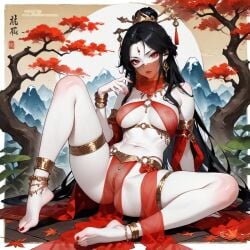 1girls ai_generated anklet areolae armlet barefoot belly belly_button black_hair bracelet breasts chinese chinese_text cleavage dancer dancer_outfit dark_hair dark_hair_female detailed_background earrings exotic exotic_dancer face_veil fair_skin female gold_jewelry hair_bun hair_ornament hourglass_figure jewelry legs_apart light_skin light_skinned_female loincloth long_hair mouth_veil nail_polish navel nipples nipples_visible_through_clothing no_panties nudity o-ring partially_clothed partially_clothed_female pelvic_curtain protocat pussy pussy_lips red_clothing red_eyes red_nails see-through see-through_clothing self_upload skimpy skimpy_clothes slim_waist solo solo_female thick_thighs thighlet thighs veil wandering_sword yaoji