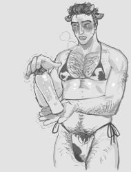 1boy alternate_version_at_source alternate_version_available artemy_burakh bara bara_tiddies bara_tits barazoku blush blush_lines cow_print cow_print_bikini cow_print_lingerie crossdressing hairy hairy_chest hairy_legs hairy_male milk pathologic pathologic_2 pinup xn0regiax