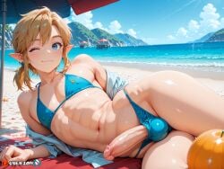 ai_generated anime aqua_eyes ass beach big_dick big_penis bikini bikini_top black_hair blonde_hair blue_eyes clothes day dick fat_ass femboy gay genitals golden_hair hair highres hips hips_wider_than_shoulders japanese link link_(breath_of_the_wild) link_(tears_of_the_kingdom) long_hair looking_at_viewer lying lying_on_side male male_only massive_penis nintendo ocean partially_clothed penis penis_hanging pose sea short slim_waist smile solo the_legend_of_zelda trap twink uncensored userzon waist water white_skin yaoi