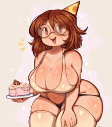 big_breasts birthday birthday_girl birthday_hat breasts cake fat_ass female female_only glasses ichig8miruku oc panties self_insert short_hair tank_top thick_thighs