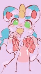 animated blush bodily_fluids cum cum_on_feet cum_on_paw cum_on_penis duo eating eating_food fabulous_beasts falni feet feral foot_fetish foot_play footjob fur genital_fluids genitals glistening glistening_pawpads green_eyes human human_on_feral interspecies loop male male/male mammal multicolored_body multicolored_fur pawpads penis sex tianlu_(fabulous_beasts) zoophilia