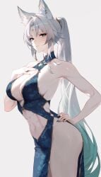 1girls abs animal_ear_fluff animal_ear_piercing animal_ears aqua_eyes aqua_hair armpits artist_name bare_arms bare_shoulders blue_dress breasts chinese_clothes cleavage dress eyeliner feixiao_(honkai:_star_rail) female floral_print floral_print_dress forehead_jewel fox_ears fox_girl gold_trim gradient_hair green_nails hair_intakes hair_ornament hand_on_own_chest hand_on_own_hip high_ponytail highres honkai:_star_rail honkai_(series) large_breasts looking_at_viewer makeup multicolored_hair navel no_panties open_mouth parted_bangs parted_lips pelvic_curtain ponytail print_dress red_eyeliner revealing_clothes rucarachi side_slit sideboob simple_background sleeveless sleeveless_dress solo stomach tassel white_background white_hair