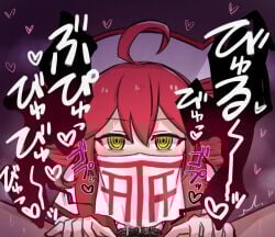 1boy 1girls 2d 2d_(artwork) @_@ ahoge artist_request blowjob blush blush_lines bodily_fluids clothed clothed_female clothed_female_nude_male clothing covered_mouth crazy_eyes dont_believe_in_t_(vocaloid) eye_contact eyelashes face_mask fellatio female heart heart hearts_around_head hypnosis hypnosis_eyes implied_fellatio implied_oral japanese_text kasane_teto kasane_teto_(sv) loving_it male male_pov motion_lines musk musk_clouds mv_character oral oral_sex penis pubic_hair red_eyes red_hair religious_clothing robe saliva saliva_on_penis sex sound_effects steam straight sweat sweating swirly_eyes synthesizer_v text tremble_spikes trembling twin_drills utau vocaloid