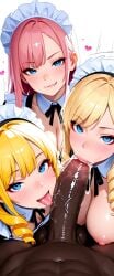 1boy 3girls ai_generated big_penis blonde_hair blue_eyes interracial long_hair maid_uniform nude_male nude_tits penis_in_mouth pink_hair semen simple_background sloppy_blowjob