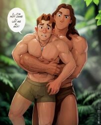 2boys ai_generated atlantis:_the_lost_empire glasses holding_from_behind jungle lifting_person loincloth long_hair milo_thatch muscular muscular_male nerdyart tarzan tarzan_(disney)