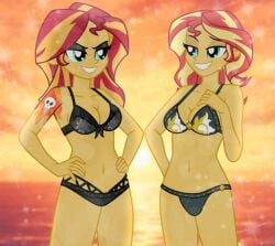 2025 2girls accurate_art_style aqua_eyes bikini bikini_bottom bikini_top black_bikini black_eyeshadow cleavage clone deviantart_link emeraldblast63 equestria_girls evil_smile eyebrows female female_only front-tie_bikini hand_on_hip hasbro human humanized_pony looking_at_another my_little_pony navel no_ai red_and_yellow_hair skull_tattoo sun sun_print sunset sunset_shimmer tattoo tattooed_arm two-piece_swimsuit two_tone_hair western_cartoon yellow-skinned_female yellow_body