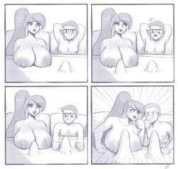1boy 1futa 2d areolae breasts competition competitive edemevas edit erection four_panels funny futa_is_bigger futa_with_male futanari glasses hoop_earrings huge_areolae huge_breasts humor intersex larger_futa makeup male male_is_bigger meme nipples penis penis_expansion penis_growth ponytail size_comparison smile smirk