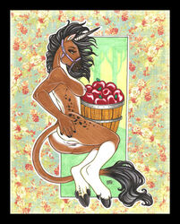 2014 apple ass black_hair breasts equine female fruit genital_piercing hair hand_on_ass hooved_fingers hooves horn horse looking_back luthiennightwolf mammal nipples nude piercing presenting presenting_hindquarters presenting_pussy pussy sideboob solo unicorn