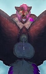 anthro balls big_balls bodily_fluids body_hair canid canine canis chastity_cage chastity_device digital_media_(artwork) fur genital_fluids genitals green_eyes grey_body grey_fur hair hair_over_eye happy_trail hi_res male mammal moobs navel overweight overweight_anthro overweight_male precum purple_body purple_fur purple_hair simple_background solo spread_legs spreading tailtufts thick_thighs tongue tongue_out wolf
