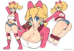 1girls ass blonde_hair blue_eyes blue_shorts booty_shorts bow bow_on_head breasts bubble_butt cleavage clothing dat_ass ear_piercing eyelashes female female_only gloves hourglass_figure human human_only jacket kneepads light-skinned_female light_skin looking_at_viewer mammal mario_(series) mario_kart mario_kart_world mature mature_female nintendo open_mouth pink_bow pink_jacket pink_shoes princess_peach princess_peach_(touring) riukykappa sexy shirt shorts voluptuous voluptuous_female white_background