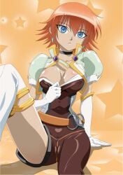 1girls abstract_background asymmetrical_legwear bakugan bakugan_(higher_quality_art) bakugan_new_vestroia blue_eyes boobs breasts cameltoe choker clothed cum cum_on_breasts erotic_costume female gloves leggings legs lighy_skin medium_breasts mira_clay mira_fermin nishikawa_takashi nude_filter_request orange_hair pulling_down_shirt pussy_outline sega sfw sperm stockings thick_thighs thighs tight_clothing wedgie