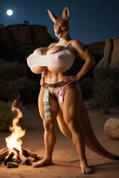 ai_generated anthro belt breasts campfire condom condoms desert female furry furrypornaddiction hands_on_hips huge_breasts kangaroo looking_at_viewer muscular muscular_female night nipples nipples_visible_through_clothing pubes pussy solo tight_clothing