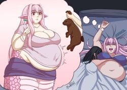 2girls bbw black_hair chubby chubby_female dream dreaming fat_fetish female female_only idephine_(meatpedal) lamia meatpedal monster_girl naga oc original original_character pink_hair pink_scales rabbit sleeping sleeping_together snake snake_girl snake_tail snoring yuri