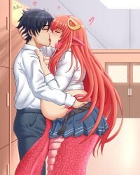 1boy 1girls bbw belly chubby chubby_female female kurusu_kimihito lamia love making_out male meatpedal miia_(monster_musume) monster_girl monster_musume_no_iru_nichijou school snake snake_girl snake_tail