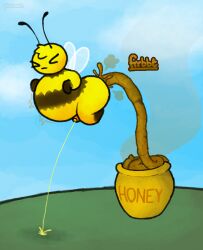 antennae_(anatomy) anthro arthropod artist_name ass bee belly belly_ache big_belly big_butt biped bodily_fluids closed_eyes cloud colored_feces digital_media_(artwork) emanata excessive_feces fart fart_cloud feces feces_pile flaccid flying food food_scat foreskin frown genital_fluids genitals glans gloves_(marking) head_tuft hi_res honey_(food) honey_pot humanoid_genitalia humanoid_penis hymenopteran insect_wings insects leg_markings male male_peeing male_pooping markings outside peeing peeing_on_ground penis pincoosh pooping_in_container scat sky socks_(marking) solo sound_effects stink_fumes straining text tuft unusual_feces urine urine_on_ground vowelless vowelless_sound_effect wings yellow_body yellow_feces