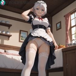 1girls ai_generated apron artist_name artist_signature ass_visible_through_thighs bed black_dress blue_eyes bow breasts cameltoe clothes_lift detached_collar dress fairy_tail feet_out_of_frame frills from_below garter_belt grin hair_between_eyes hi_res high_resolution highres indoors kurutai lisanna_strauss looking_at_viewer maid maid_headdress medium_breasts panties puffy_short_sleeves puffy_sleeves short_hair smile solo standing subscribestar subscribestar_username thighhighs uncensored underwear waist_apron white_hair white_panties