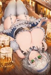 absurdres alternate_costume aochoku beer_mug bottle breasts cleavage clothes_lift cup dirndl female female_focus garter_belt german_clothes green_eyes grey_hair grey_thighhighs headband highres hololive knees_up large_breasts legs_together looking_at_viewer lying mole mole_on_breast mug on_back panties shelf shirogane_noel skirt skirt_lift solo table thighhighs underwear virtual_youtuber white_panties