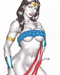 2010s 2017 4th_of_july amazon american_flag american_flag_bikini armwear artist_signature athletic athletic_female big_breasts black_and_white black_hair blue_eyes breasts carlos_braga covering_breasts dc dc_comics diana_prince female female_protagonist fit_female flag gold_tiara instagram_link justice_league light-skinned_female light_skin no_ai no_bra no_panties nude pinup red_lipstick round_breasts solo star_earrings superheroine tiara white_background wonder_woman wonder_woman_(series)