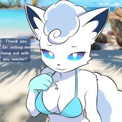 1:1 2025 alolan_form alolan_vulpix anthro anthrofied beach bikini blue_bikini blue_clothing blue_hands blue_sclera blue_swimwear blurred_background breasts chest_tuft cleavage clothed clothing depth_of_field dialogue digital_media_(artwork) english_text evaacii female fur generation_7_pokemon gloves_(marking) hair hi_res looking_at_viewer markings master medium_breasts nintendo photo_background photography_(artwork) pokemon pokemon_(species) pokemorph regional_form_(pokemon) smile solo swimwear tail text triangle_bikini tuft two-piece_swimsuit white_body white_eyes white_fur white_hair