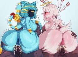02_(kirby) absurd_res angel anus ass bandage big_butt blush bodily_fluids cowgirl_position crossover cum cum_inside cyclops dark-skinned_male dark_body dark_skin felid feline female foursome from_front_position genital_fluids gold_(metal) group group_sex hair halo hi_res huge_butt huge_filesize human humanoid kirby_(series) kirby_64:_the_crystal_shards long_nails mahmapuu male male/female mammal monster_girl_(genre) nintendo nyanlathotep_(sucker_for_love) on_bottom on_top penetration sex short_hair sucker_for_love sweat sweatdrop teal_body teal_hair vaginal_penetration white_body white_hair wings