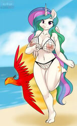 alicorn anthro avian barefoot beach big_breasts bikini bird breasts cutie_mark equine feathers female fingers fire fishnet friendship_is_magic fur hair hands horn human_feet kloudmutt long_hair looking_at_viewer mammal my_little_pony navel nipples philomena_(mlp) phoenix pink_eyes princess_celestia_(mlp) pussy seaside skindentation smile standing swimsuit water white_fur wings