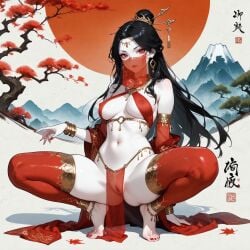 1girls ai_generated anklet areolae armlet barefoot belly belly_button black_hair bracelet breasts chinese chinese_text cleavage dancer dancer_outfit dark_hair dark_hair_female detailed_background earrings exotic exotic_dancer face_veil female gold_jewelry hair_bun hair_ornament hourglass_figure jewelry legs_apart legwear light_skin light_skinned_female loincloth long_hair navel nipples nipples_visible_through_clothing no_panties nudity o-ring on_toes partially_clothed partially_clothed_female pelvic_curtain protocat pussy red_clothing red_eyes see-through see-through_clothing self_upload skimpy skimpy_clothes slim_waist solo solo_female squatting thick_thighs thighs veil wandering_sword yaoji
