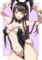 animal_ears arms_up bangs bare_legs bare_shoulders black_bow black_hair black_leotard bow bowtie breasts bunny_pose cleavage cowboy_shot detached_collar fake_animal_ears fake_tail female highleg highleg_leotard large_breasts leotard long_hair navel open_mouth playboy_bunny rabbit_ears rabbit_tail red_eyes signature smile solo strapless strapless_leotard tail wrist_cuffs