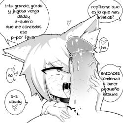 akatosh_el_shota_furro ambiguous_gender animal_ears choker cock_hungry cock_worship cum heart heart-shaped_pupils hi_res huge_cock male open_mouth original original_character penis saliva sniffing spanish_text sweat tongue tongue_out