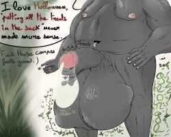 ape balls big_balls bodily_fluids cock_vore condom condom_disposal cum cum_vore dialogue digestion ejaculation filled_condom foreskin fur genital_fluids genitals gorilla grey_body grey_fur haplorhine hi_res huge_balls male male_pred mammal miicoa_(artist) musclegut muscular muscular_arms muscular_male navel navel_piercing overweight overweight_male penile penis piercing primate sexual_barrier_device standing struggling struggling_prey text uncircumcised vore