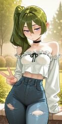 1girls ai_generated blush bored breasts choker crop_top denim denim_jeans female frills green_hair hair_between_eyes high_waisted_jeans looking_at_viewer midriff off-shoulder_shirt outdoors perfect_body purple_eyes ripped_pants sexy side_ponytail skinny small_breasts solo sousou_no_frieren strapless suggestive ubel_(sousou_no_frieren) v_sign
