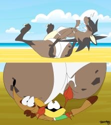 2024 absurd_res anthro arthropod ass big_ass bikini black_hair blue_sky brown_body brown_fur clothing crab crustacean decapod female fur group hand_on_ass herpestid hi_res hyena leena_(potateymatey) malacostracan male mammal marley_(potateymatey) meerkat outside potateymatey sea sharp_teeth sitting sitting_on_another sky spotted_hyena swimwear teeth trio two-piece_swimsuit water