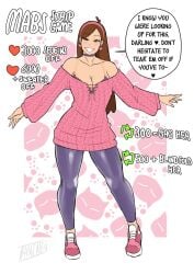 absurdres aged_up banjabu black_bra black_choker black_pants bra breasts brown_eyes brown_hair choker cleavage commentary earrings english_commentary english_text female full_body gravity_falls grin hairband heart heart_earrings highres jewelry large_breasts long_hair mabel_pines off-shoulder_sweater off_shoulder outstretched_arms pants pink_hairband ribbed_sweater shoes signature smile sneakers solo sweater twitter_strip_game underwear yoga_pants