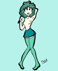 aqua_background aqua_hair aqua_legwear aqua_theme armpits bangs black_eyes blue_background boots breasts d female flat_chest full_body green_hair green_legwear green_skirt long_hair looking_at_viewer miniskirt navel nipples no_shoes open_mouth personification simple_background skirt small_breasts smile solo standing thigh_boots thighhighs topless zettai_ryouiki