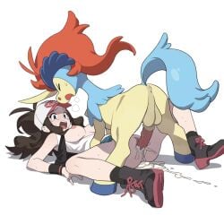1boy 1girls bestiality blue_eyes breasts breasts_out brown_hair cum cum_in_pussy cum_inside female functionally_nude hat hentamonn hilda_(pokemon) keldeo keldeo_(ordinary_form) male on_back open_mouth partially_clothed pokemon pokemon_bw pokephilia pussy questionable_consent sex uncensored white_background wide_eyed zoophilia
