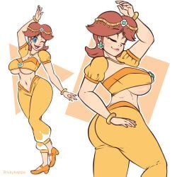 1girls 2d ass bare_shoulders belly_button belly_dancer big_ass big_breasts big_butt blue_eyes breasts brown_hair cleavage dancer dancing female female_only hair_ornament harem_outfit harem_pants hood hood_down legwear light-skinned_female light_skin mario_(series) mario_kart mario_kart_world one_eye_closed presenting princess_daisy princess_daisy_(oasis) revealing_clothes riukykappa smile solo solo_female tagme thick_thighs thighs twintails wink winking_at_viewer