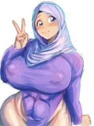 1girls abs bbw big_breasts blush breasts female female_focus female_only fully_clothed hijab hips huge_breasts large_breasts leotard milf muslim muslim_female original original_character peace_sign purple_clothing sketch smile solo solo_female solo_focus thick_ass tofo_u tummy white_skin