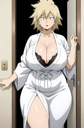 1girls ai_generated ayyaai bakugou_mitsuki bathrobe belly big_breasts blonde_female blonde_hair boku_no_hero_academia bra busty busty_female child_bearing_hips chubby chubby_female cleavage deep_cleavage door doorway huge_breasts lace large_breasts mature_female milf mitsuki_bakugou mommy mother my_hero_academia older_female open_mouth red_eyes robe short_hair solo solo_female solo_focus standing surprised_expression thick_thighs tomboy voluptuous voluptuous_female wide_hips