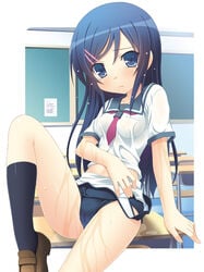 aikawa_touma aragaki_ayase black_hair blue_eyes female long_hair ore_no_imouto_ga_konna_ni_kawaii_wake_ga_nai school_desk school_swimsuit school_uniform serafuku sitting swimsuit swimsuit_pull swimsuit_under_clothes wet