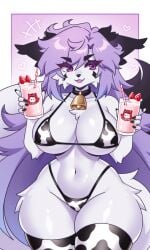 ai_generated animation_meme_community anthro cow_bikini cow_print huge_breasts milk pink_fur purple_eyes purple_hair rossali stockings strawberry_milk tagme thick_thighs thighhighs wide_hips youtube