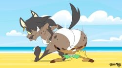 2024 anthro ass beach big_ass bikini black_hair blue_sky brown_body brown_fur clothing duo female fur herpestid hi_res hyena leena_(potateymatey) male male/female mammal marley_(potateymatey) meerkat outside potateymatey sea sitting_on_another sky spotted_hyena swimwear two-piece_swimsuit water