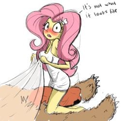 bear bear_claws brown_bear brown_fur butterfly_clip dress equestria_girls flustered fluttershy_(mlp) hair_clip holding_object my_little_pony pink_hair stammis white_dress yellow_body yellow_skin zoophillia