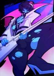 blue_body blue_skin bulge clothing_malfunction cock_out deltarune digos dyed_hair femboy guitar heels jacket jacket_open kris_(deltarune) leotard male male_only nipple_out nipples nonbinary_(lore) notdiegues painted_nails playing_guitar presenting presenting_penis ripped_clothing ripped_pants rock rock_out_with_your_cock_out rocker rockstar sweating undertale_(series)